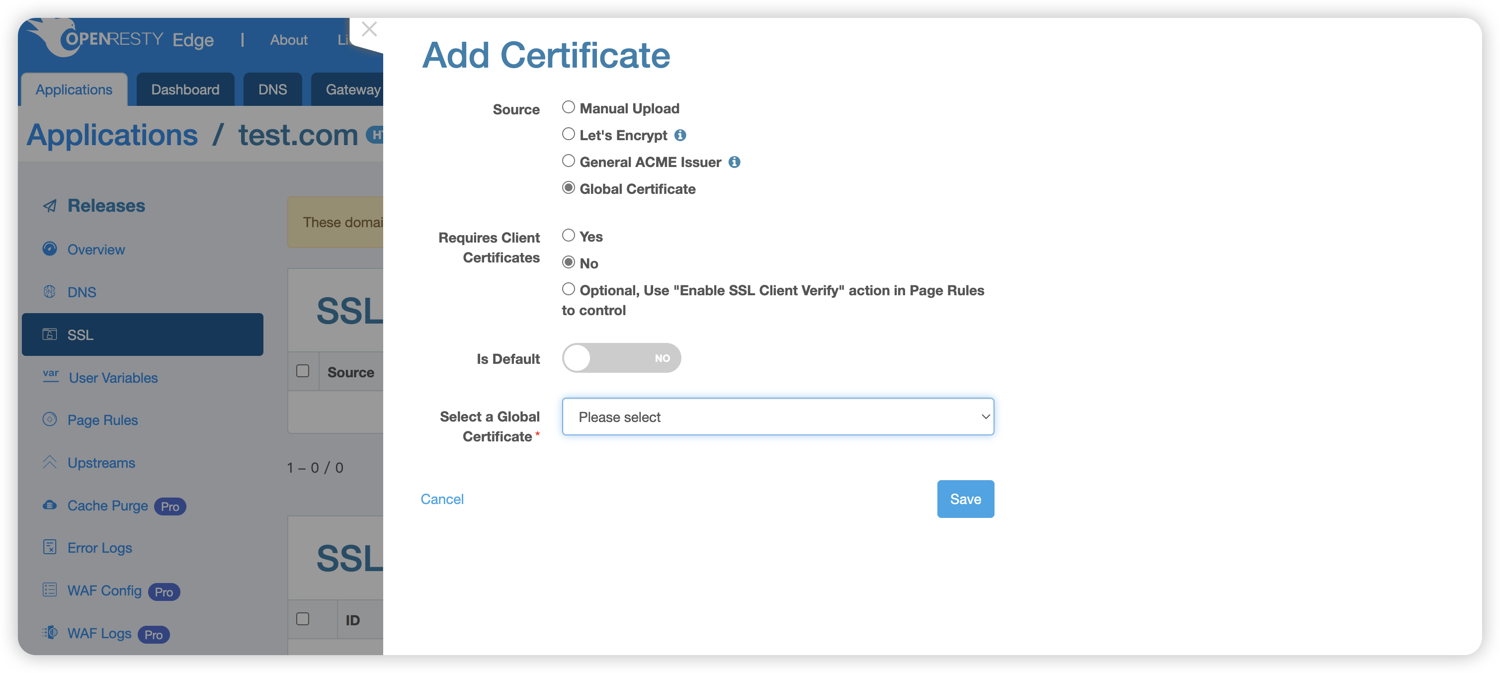 Select Global Certificate