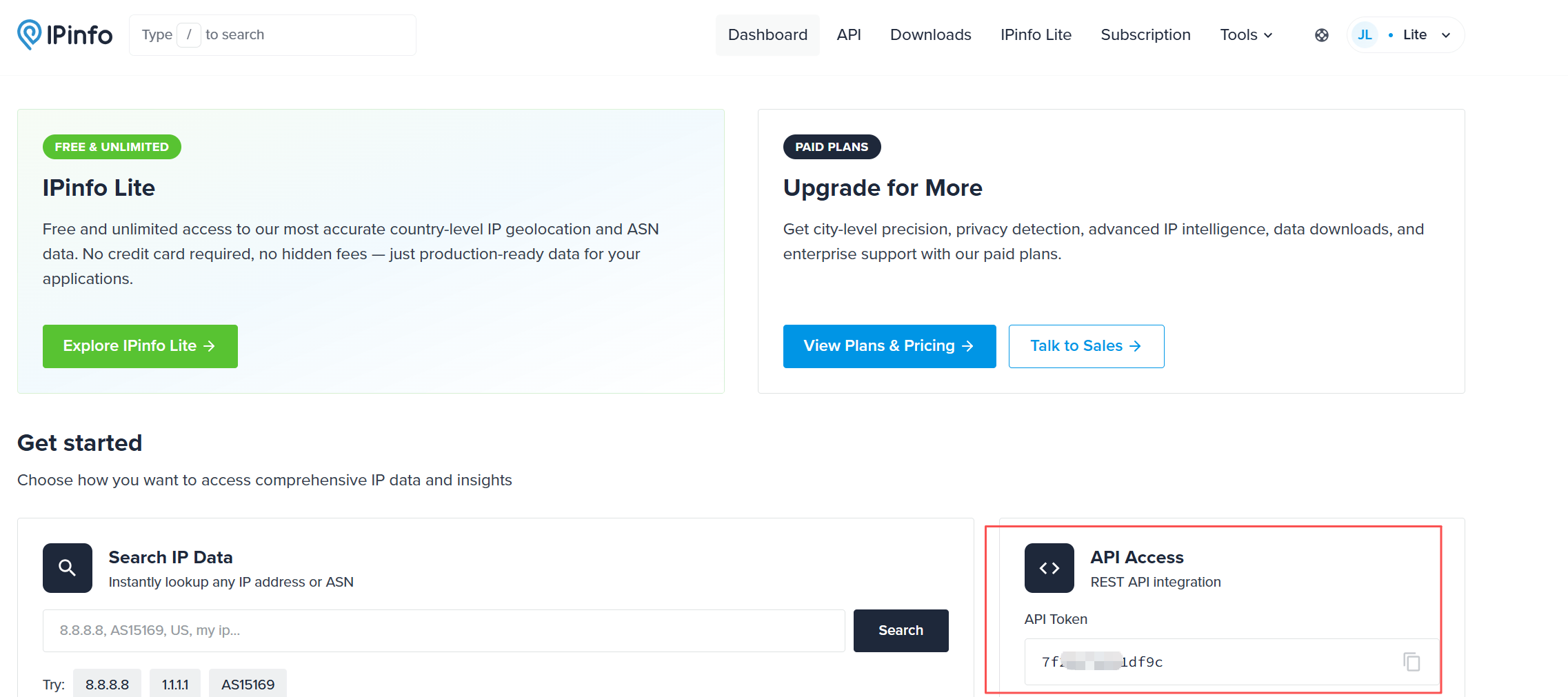 IPinfo Dashboard 中的 API Token