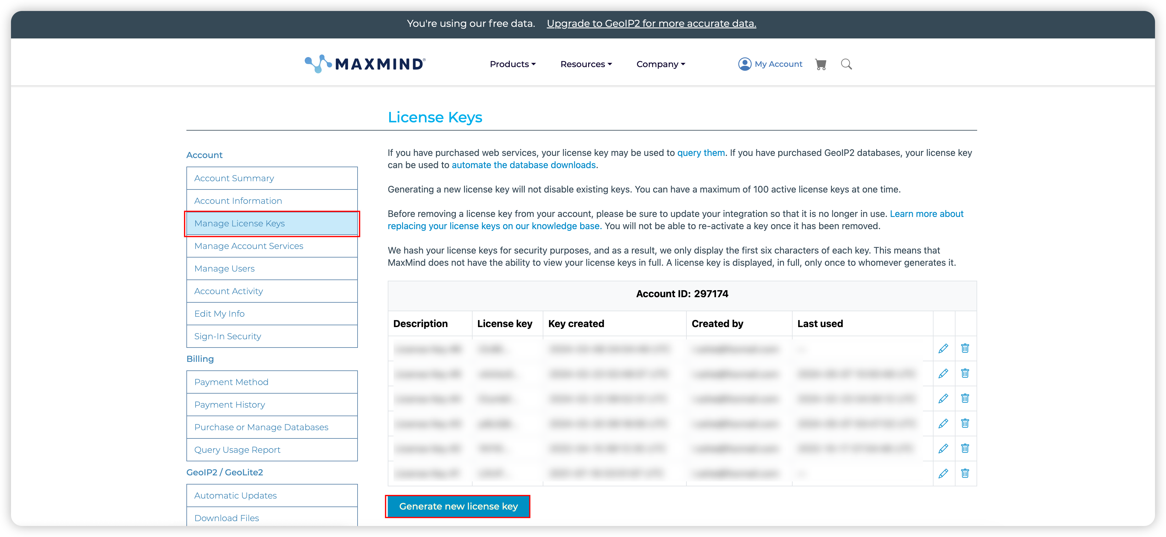 MaxMind License Key 生成界面