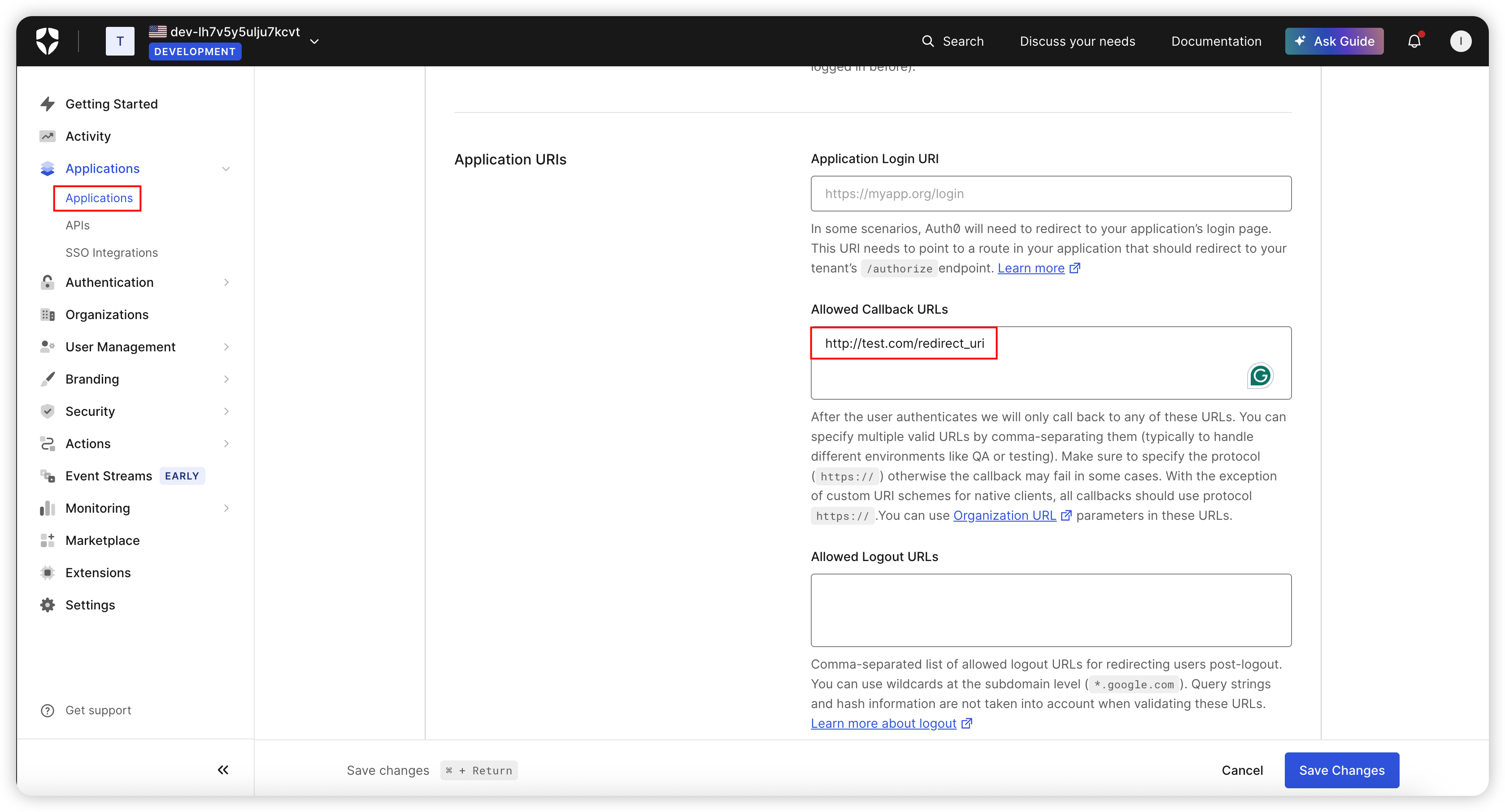 Auth0 重定向 URI 配置