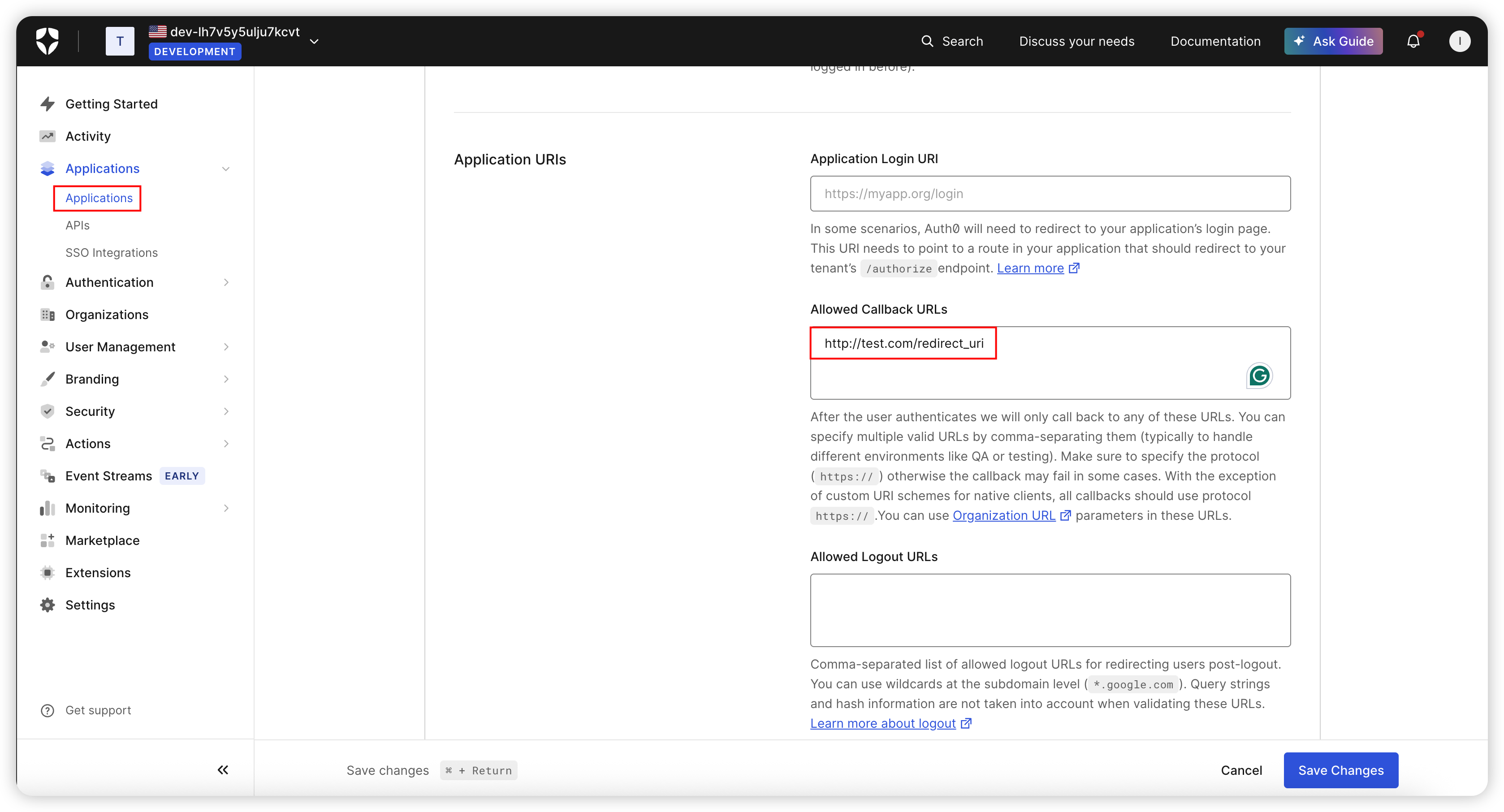 Auth0 重定向 URI 配置
