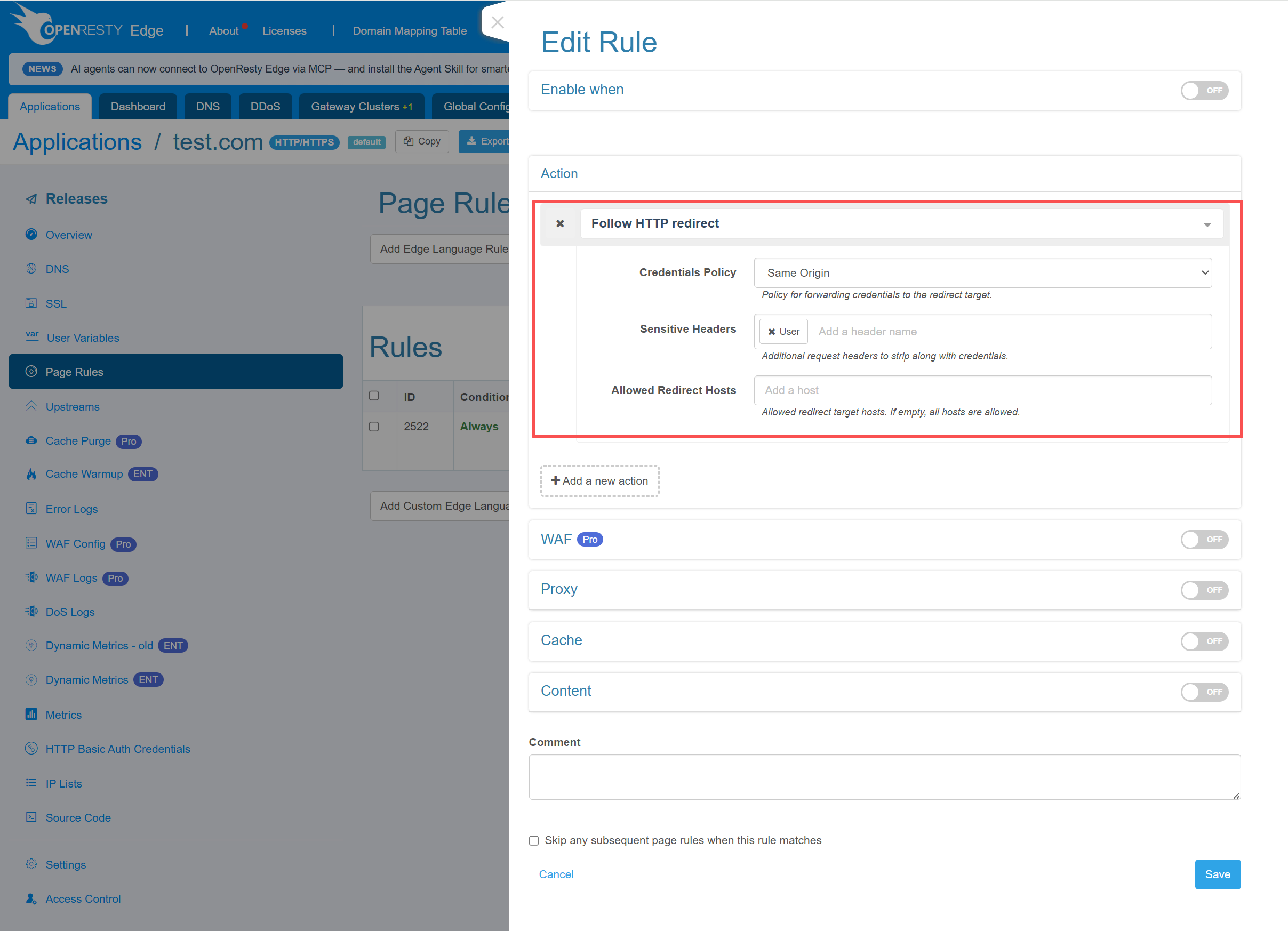 Follow HTTP redirect action settings
