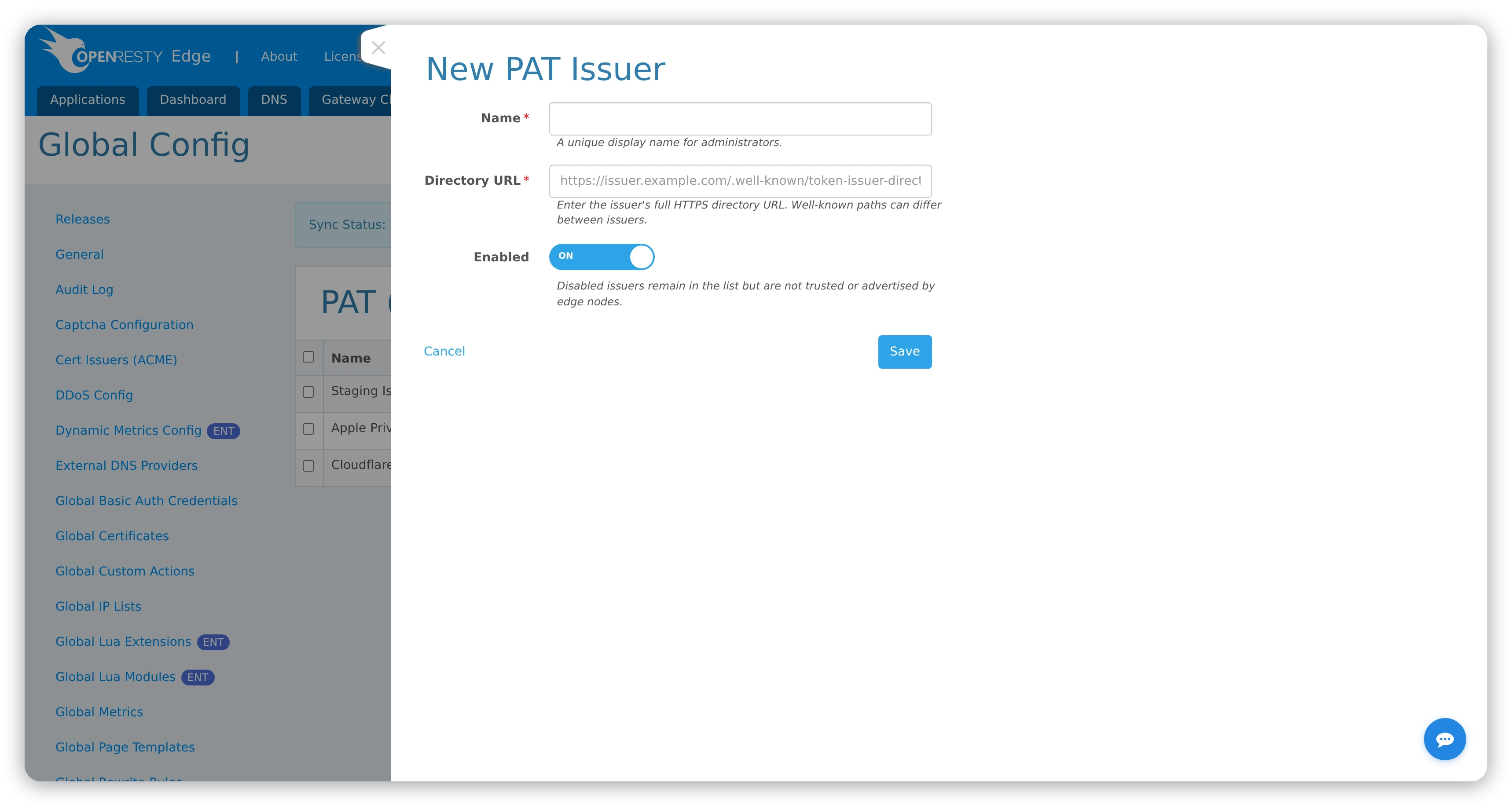 新建 PAT 签发商表单