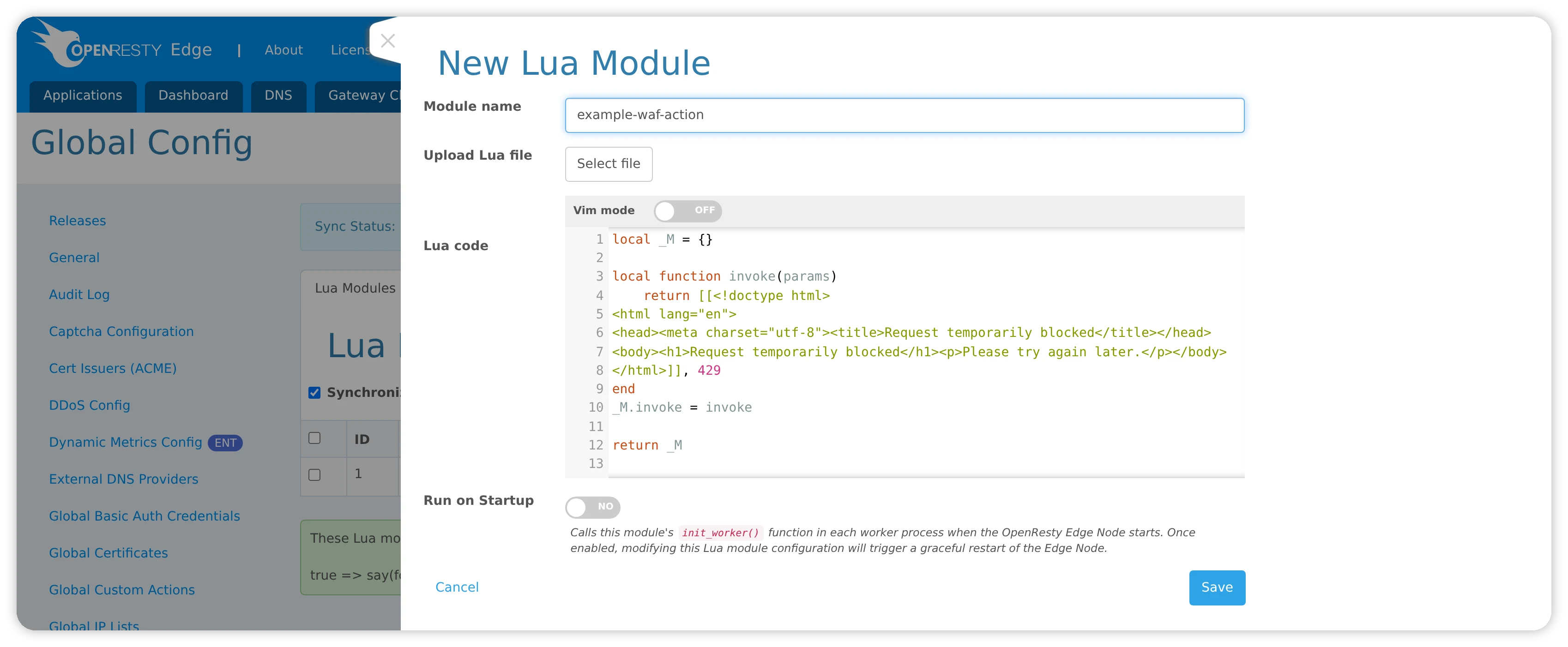New Lua Module form with the example WAF action module