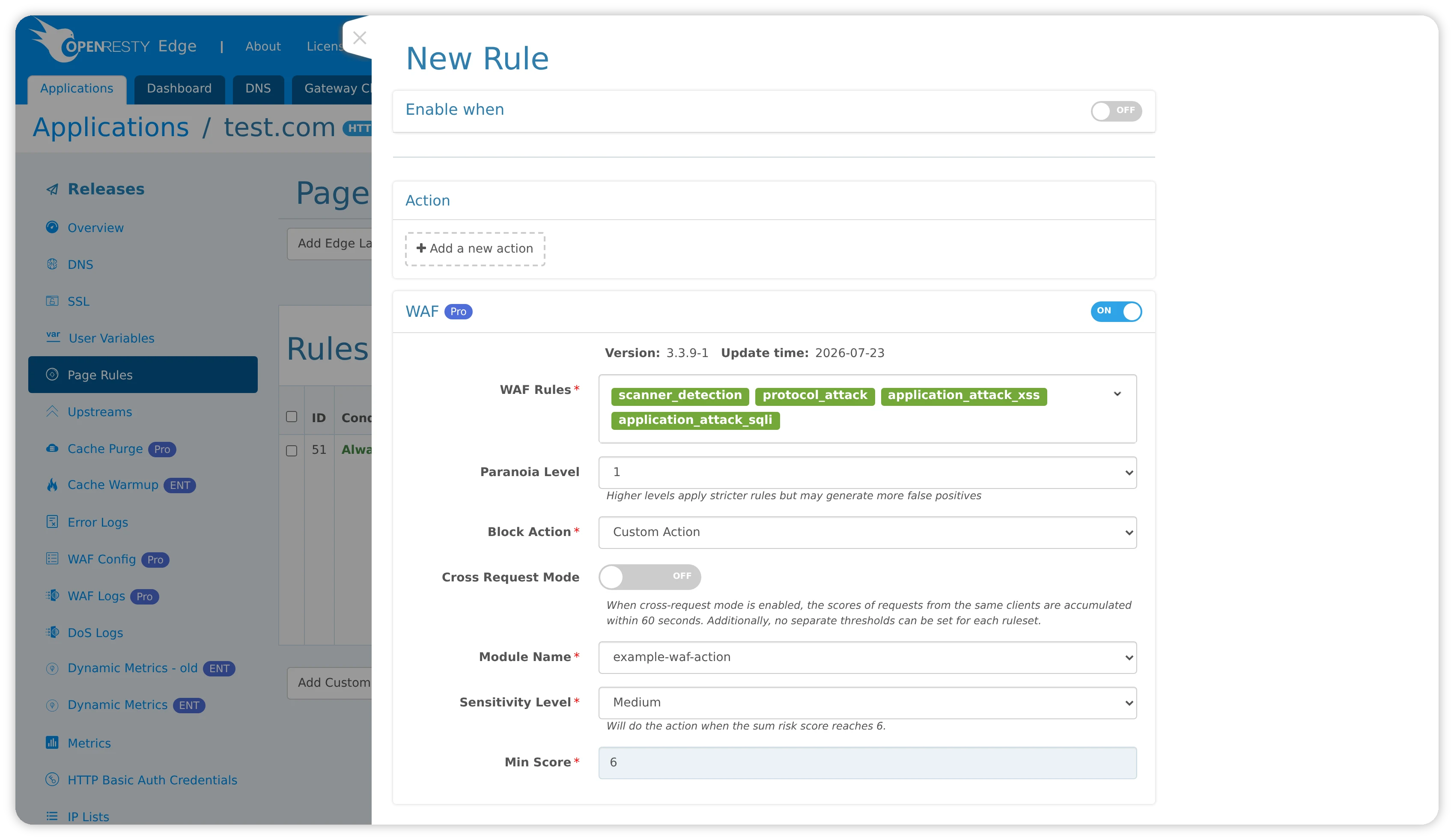 WAF configuration with Custom Action selected